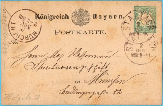 Postcard of a business nature to Mr. " Max Wassermann, Spirituosengeschäft " in Munich, Sendlingergaße 82 - sent on November 2, 1877