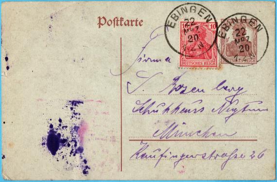 Postkarte geschäftlicher Art an Firma " S. Rosenberg, Schuhhaus Neptun ", München, Kaufingerstraße 26 - versandt am 22. März 1920