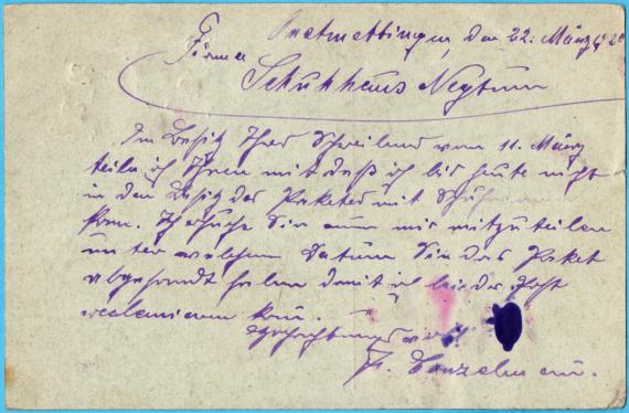 Postkarte geschäftlicher Art an Firma " S. Rosenberg, Schuhhaus Neptun ", München, Kaufingerstraße 26 - versandt am 22. März 1920  -  Kartenrückseite