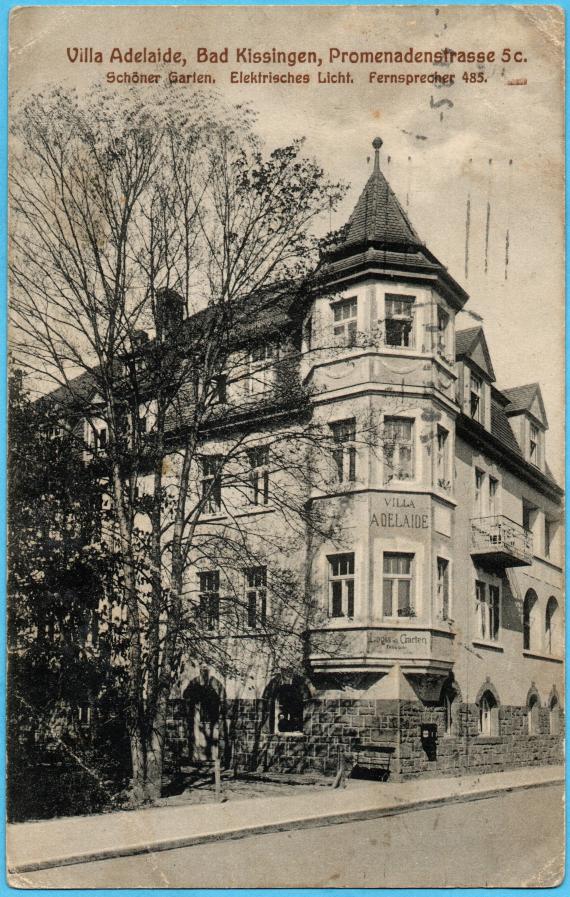 Historische Ansichtskarte - " Villa Adelaide " in Bad Kissingen - versandt am 2. Juni 1913 an Herrn A. Isaksohn in Libau / Kurland, Helenenstraße 16