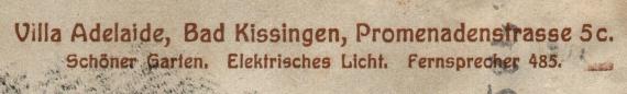 Historische Ansichtskarte - " Villa Adelaide " in Bad Kissingen - versandt am 2. Juni 1913 an Herrn A. Isaksohn in Libau / Kurland, Helenenstraße 16  -  Ausschnittvergößerung - Adresse der Villa