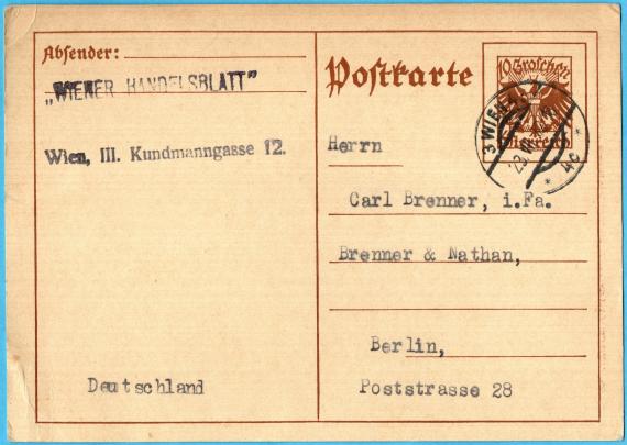 Postkarte geschäftlicher Art an Herrn " Carl Brenner, i.Fa. Brenner & Nathan ", Berlin, Poststraße 28  -  versandt am 23. Juli 1932