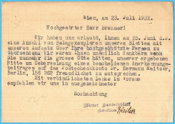 Postkarte geschäftlicher Art an Herrn " Carl Brenner, i.Fa. Brenner & Nathan ", Berlin, Poststraße 28  -  versandt am 23. Juli 1932  -  Kartenrückseite