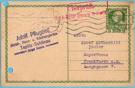 Postkarte - Josef Rothschild jr. Postkarte geschäftlicher Art an Herrn " Josef Rothschild junior, Exporthaus ", Frankfurt a. M., Langegasse 7 - versandt am 20. März 1916