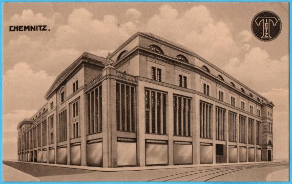 Historische Ansichtskarte aus dem Jahr 1913 zum Neubau des Geschäftshauses H. & C. Tietz in Chemnitz  -  Kaufhaus-Ansicht