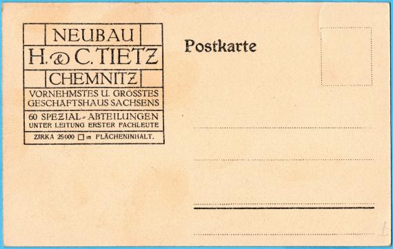 Historische Ansichtskarte aus dem Jahr 1913 zum Neubau des Geschäftshauses H. & C. Tietz in Chemnitz  -  Kartenrückseite 