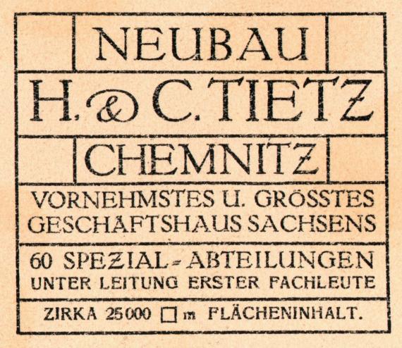 Historische Ansichtskarte aus dem Jahr 1913 zum Neubau des Geschäftshauses H. & C. Tietz in Chemnitz  -  Kartenrückseite - Ausschnittvergrößerung Geschäfts-Vita