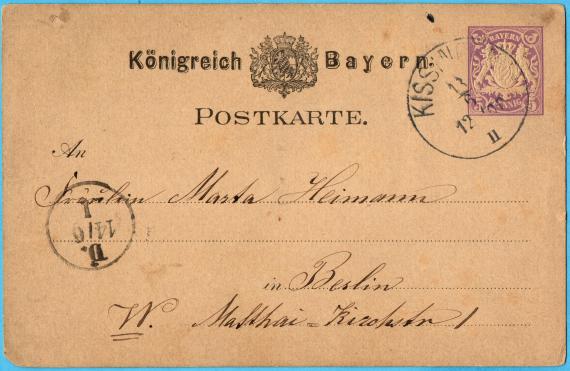 Postkarte privater Art an Fräulein " Martha Heimann ", Berlin, Mattäi Kirchstr.1 - versandt in der Zeit um 1876-1880 von Bad Kissingen