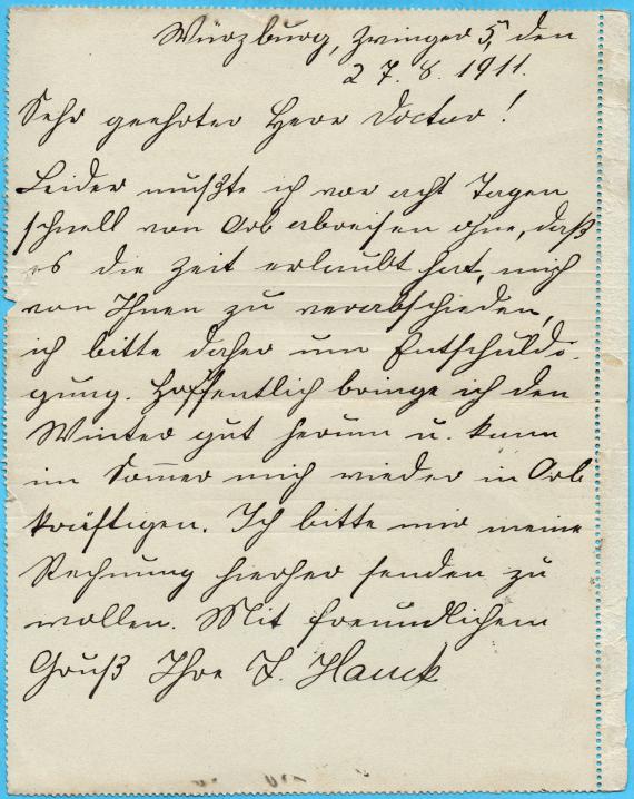 Kartenbrief an Herrn " Dr. Weinberg, prakt. Arzt ", Bad Orb, Preußen - versandt am 27. August 1911  -  Kartenbrief geöffnet mit Text