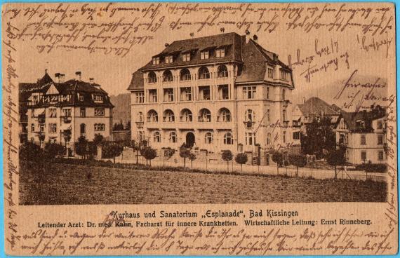 Historische Ansichtkarte Bad Kissingen - Kurhaus und Sanatorium " Esplanade " - Leitender Arzt: Dr. med. Kahn, Facharzt für innere Krankheiten. - Wirtschaftliche Leitung: Ernst Rinneberg. - versandt am 5. Mai 1923  