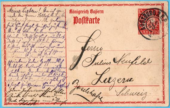 Postkarte privater Art an Herrn " Julius Neufeld ", Luzern, Baselstraße - versandt am 21. September 1916 von Augsburg