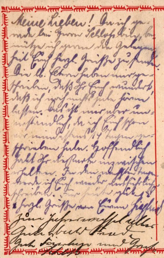 Postkarte privater Art an Herrn " Julius Neufeld ", Luzern, Baselstraße - versandt am 21. September 1916 von Augsburg  -  Ausschnittvergrößerung - Textteil Kartenvorderseite