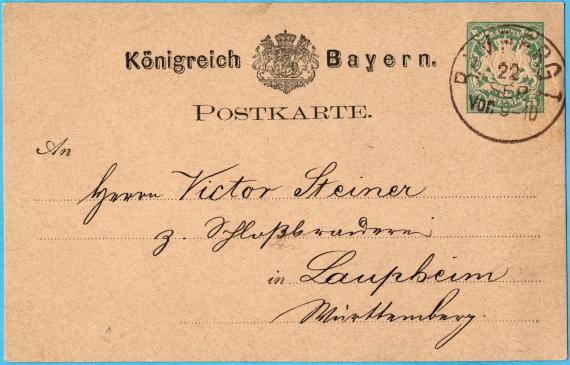 Postkarte geschäftlicher Art an Herrn " Victor Steiner, z. Schloßbrauerei " in Laupheim, Württemberg  -  versandt 22. September 1877