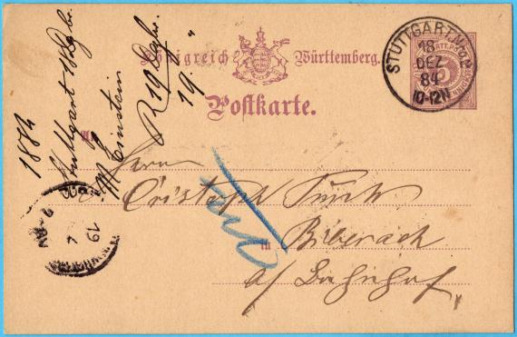 Postkarte geschäftlicher Art von " M. Einstein, Stuttgart " - versandt am 18. Dezember 1884 