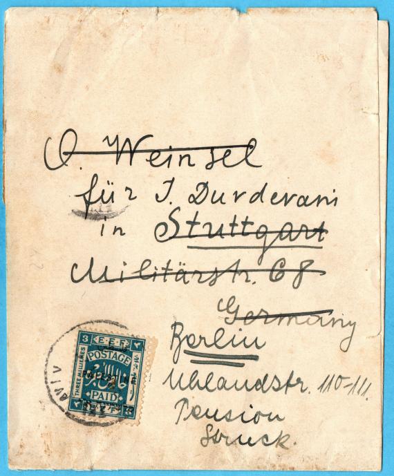 Streifband zur Zeitungsversendung mit Poststempel Tel Aviv - O. Weinsel ( Oskar Weinschel ) - für J. Duvdevani (Yehiel Duvdevani) - in Stuttgart, Militärstr. 68 - nachgesandt nach Berlin, Uhlandstr.110-111, Pension Struck  - um 1923  