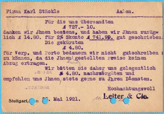 Postkarte geschäftlicher Art " Leiter & Cie. " - Stuttgart, Pfizerstraße 2 - versandt am 25. Mai 1921  -  Kartenrückseite