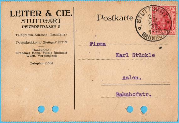 Postkarte geschäftlicher Art " Leiter & Cie. " - Stuttgart, Pfizerstraße 2 - versandt am 25. Mai 1921