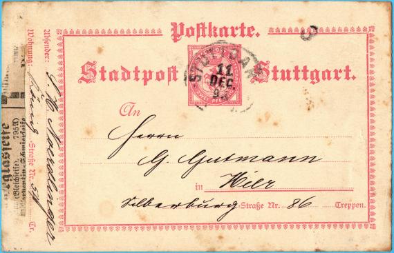 Postkarte - Stadtpost Stuttgart - versandt am 11. Dezember 1895 von " S. H. Noerdlinger ", Königstraße 54, Stuttgart an Herrn G. Gutmann, Stuttgart, Silberburgstraße 86 