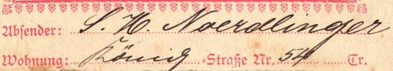 Postkarte - Stadtpost Stuttgart - versandt am 11. Dezember 1895 von " S. H. Noerdlinger ", Königstraße 54, Stuttgart an Herrn G. Gutmann, Stuttgart, Silberburgstraße 86  -  Ausschnittvergrößerung Absender-Adresse