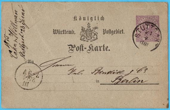 Postkarte geschäftlicher Art an Herrn " Julius Bendix & Co. " in Berlin - versandt am 24. April 1875 