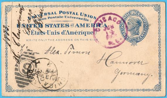 Postcard of a business nature to Mr. " Alex. Simon ", Hanover, Germany - sent June 14, 1883 from Chicago