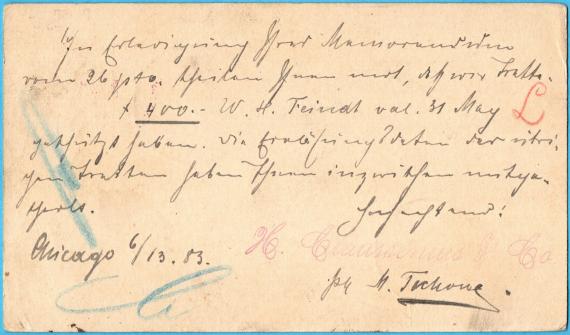 Postcard of a business nature to Mr. " Alex. Simon ", Hanover, Germany - mailed June 14, 1883 from Chicago - back of card