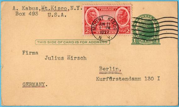 Postcard of a business nature to the company " Julius Hirsch ", Berlin, Kurfürstendamm 130 - sent on June 21, 1937 from Mount Kisco, N.Y., U.S.A.