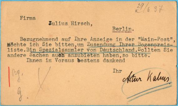 Postkarte - Julius Hirsch Business postcard to the company " Julius Hirsch ", Berlin, Kurfürstendamm 130 - sent on June 21, 1937 from Mount Kisco, N.Y., U.S.A. - back of card