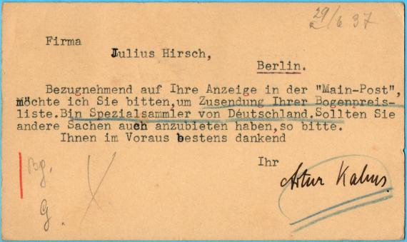 Business postcard to the company " Julius Hirsch ", Berlin, Kurfürstendamm 130 - sent on June 21, 1937 from Mount Kisco, N.Y., U.S.A. - back of card