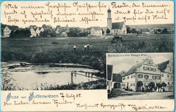 Historical picture postcard Buttenwiesen from 1905 - To Mr. " Banker Theodor Heymann ", Munich, Leopoldstraße 44/II. - sent from Buttenwiesen on August 7, 1905