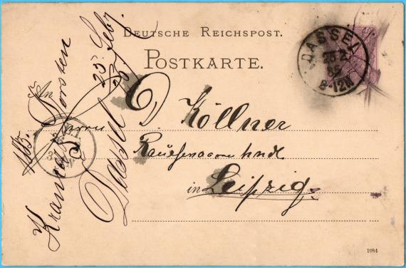 Postcard of a business nature to Mr. D. Köllner, Rauchwaarenhandlung, Leipzig - sent on February 25, 1885