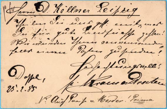 Postcard of a business nature to Mr. D. Köllner, Rauchwaarenhandlung, Leipzig - sent on February 25, 1885 - back of card