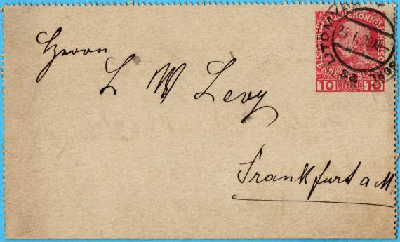 Business card letter to Mr. " L W Levy ", Frankfurt a. M. - sent from Litomysl on January 25, 1908