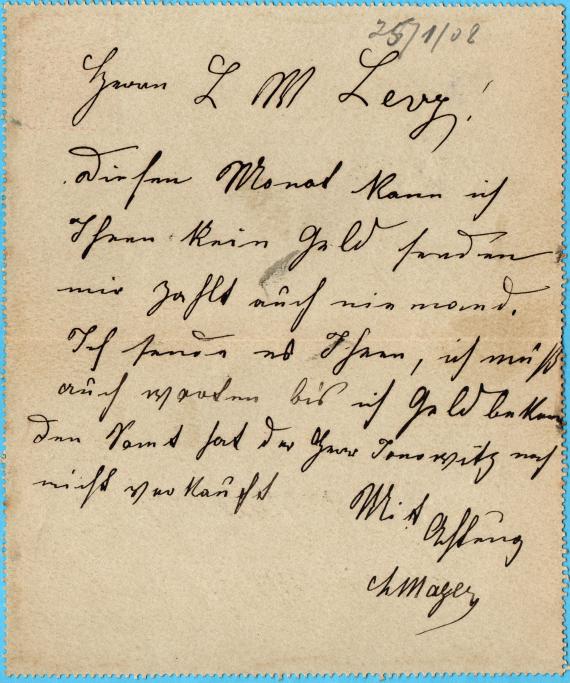 Business card letter to Mr. " L W Levy ", Frankfurt a. M. - sent from Litomysl on January 25, 1908 - card letter opened