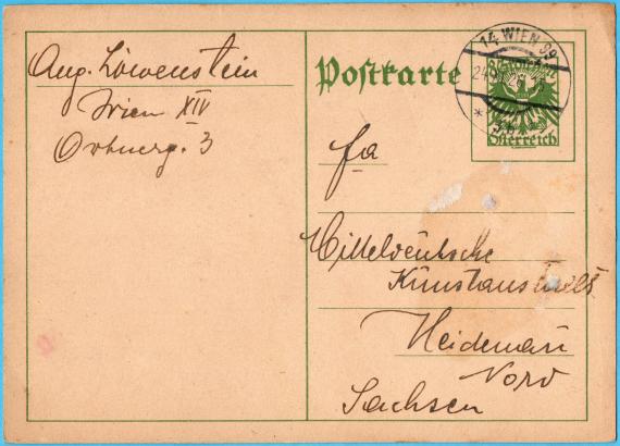 Business postcard from " August Löwenstein, Vienna XIV, Ortnergasse 3 - sent on November 24, 1926