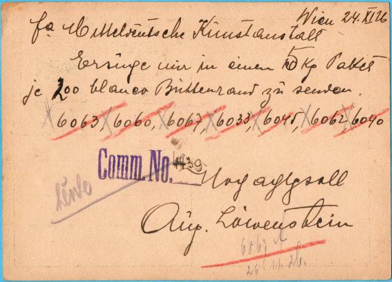 Business postcard from " August Löwenstein, Vienna XIV, Ortnergasse 3 - sent on November 24, 1926 - back of card