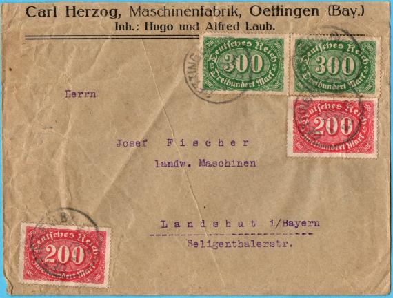 Company envelope - Carl Herzog, Machinenfabrik, Oettingen (Bay.) - owner: Hugo and Alfred Laub - mailed on August 27, 1923