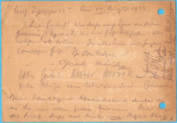 Private postcard from " A (Alice) and Reinhold Nägele ", Stuttgart, Schloßstraße 12 - sent to Jerusalem in Palestine on August 19, 1933 - back of card