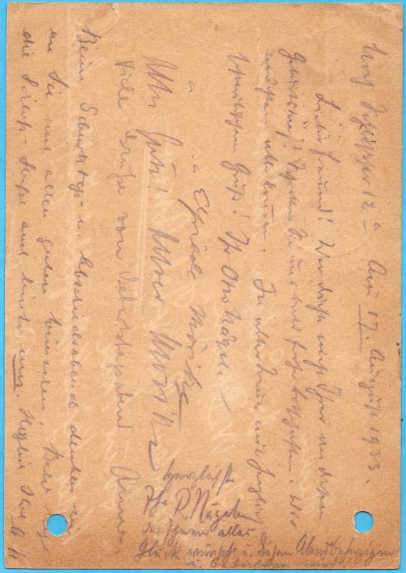 Postkarte - Dr. Edgar Heilbronner Postcard of a private nature to " Dr. Edgar Heilbronner ", c/o Dr. Bonem, Tel Aviv, Bezallel Jaffe Str. 2, Palestine - sent on August 19, 1933 - back of card