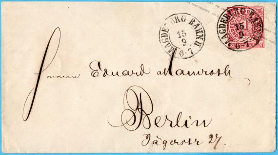 Envelope to Mr. " Eduard Mamroth ", Berlin, Jägerstraße 27 - sent on September 15, 1868