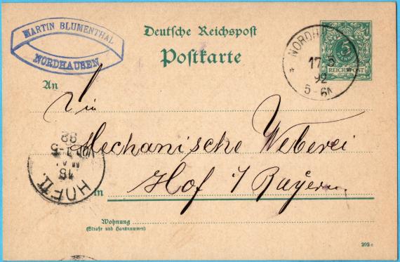 Postkarte geschäftlicher Art von " Martin Blumenthal, Nordhausen " - versandt am 17. Mai 1892 