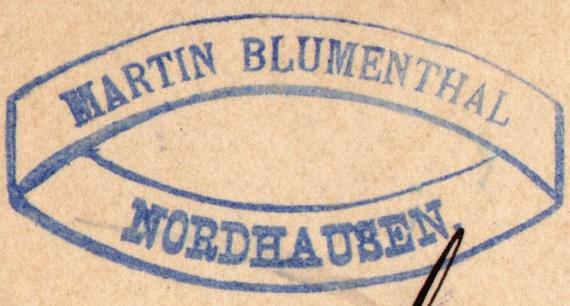 Postkarte geschäftlicher Art von " Martin Blumenthal, Nordhausen " - versandt am 17. Mai 1892  -  Ausschnittvergrößerung Geschäftsstempel