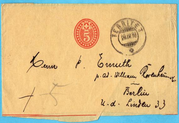 Streifband zur Zeitungsversendung - versandt an Herrn P. Emuth p. ad. " William Rosenheim & Co." - versandt am 28.4.1890 aus der Schweiz