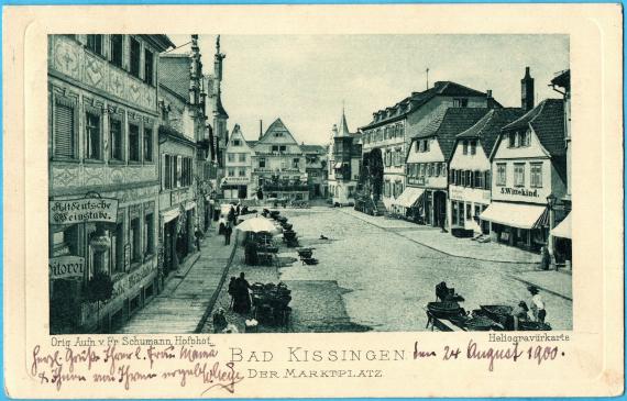 Historische Ansichtskarte Bad Kissingen - Der Marktplatz - versandt am 24. August 1900 an Fräulein " Irma Heymann " aus Augsburg, z.Z. in Immenstadt, Allgäu - Karten-Bild(Foto)Seite