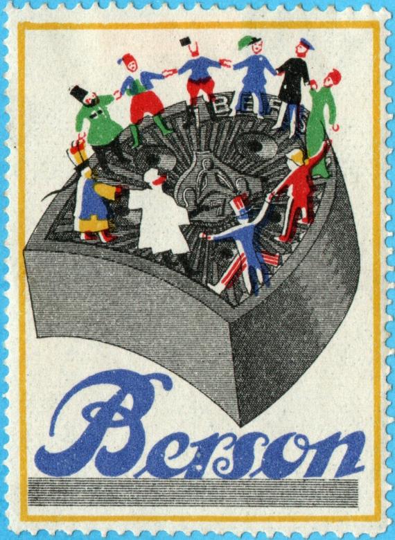 Advertising stamp (vignette) - Berson - People of different nations from different continents dancing in a circle on a shoe heel by " Berson "