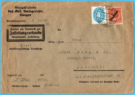 Briefumschlag an " Firma Albert Levy & Co., Strumpf-Fabrik, Chemnitz ", Alt Chemnitzerstraße 40  -  versandt am 30. April 1932 