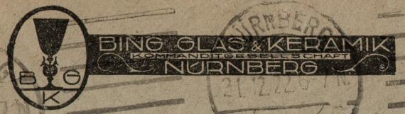 Briefumschlag der " Bing Glas- und Keramik-Kommanditgesellschaft Nürnberg " - versandt am 21. Dezember 1922  -  Ausschnittvergrößerung Firmenlogo mit Firmennamen