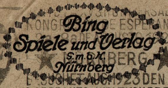 Briefumschlag der " Bing Spiele und Verlag G.m.b.H. Nürnberg " - versandt am 20. Mai 1923  -  Ausschnittvergrößerung Firmenlogo