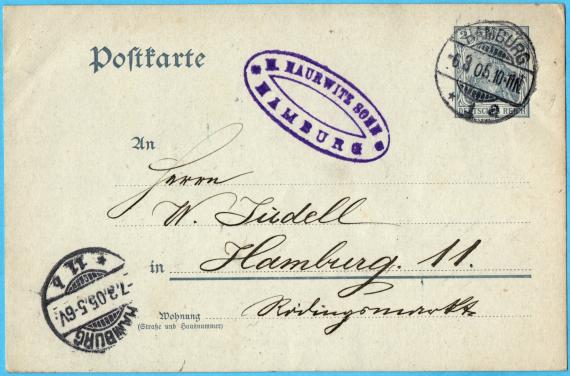 Postkarte geschäftlicher Art an Herrn W. Jüdell, Hamburg 11, Rödingsmarkt  -  versandt am 6. März 1905