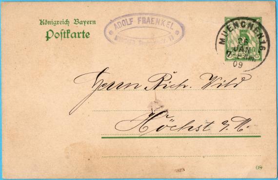 Postcard of a business nature from " Adolf Fraenkel ", Munich, Theresienstr78 - sent on January 26, 1909